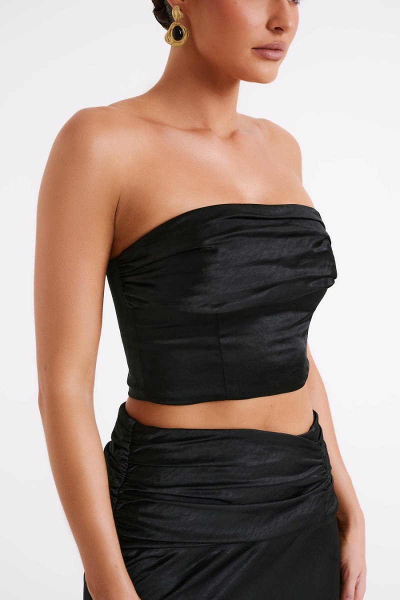 Women's Meshki Khalani Ruched Strapless Satin Tops Black Australia | K8N-0474