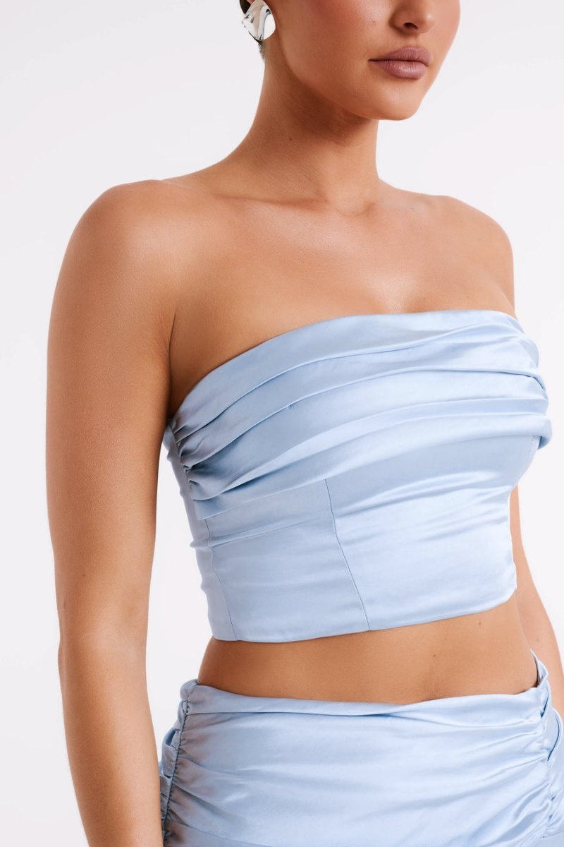 Women's Meshki Khalani Ruched Strapless Satin Tops Blue Australia | J1M-2718