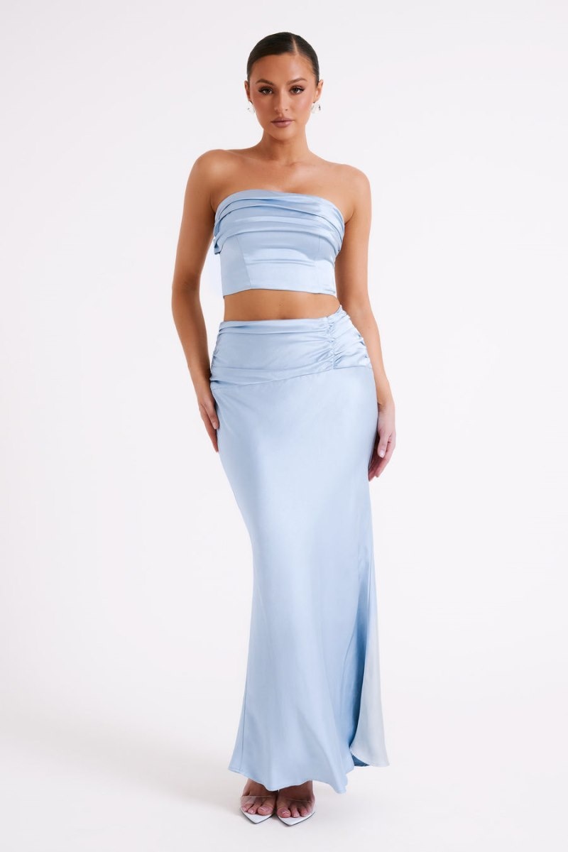 Women's Meshki Khalani Ruched Strapless Satin Tops Blue Australia | J1M-2718