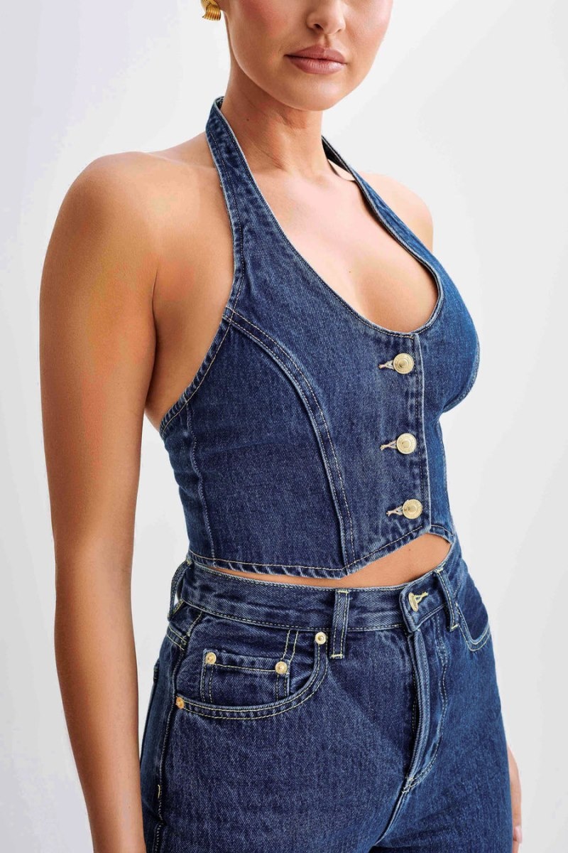 Women's Meshki Kieryn Denim Vest Dark Blue Australia | C3N-0573