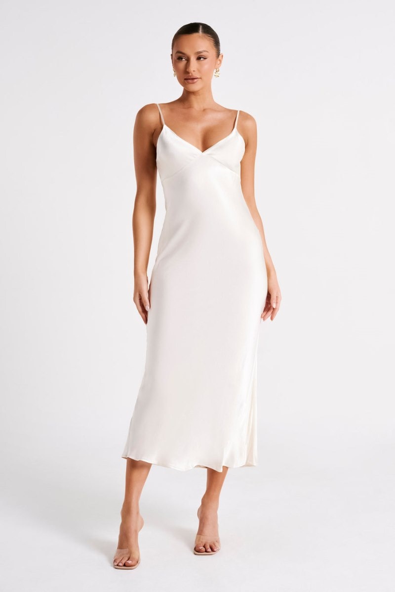 Women's Meshki Kiko Satin Chiffon Midi Dress White Australia | J1J-7866