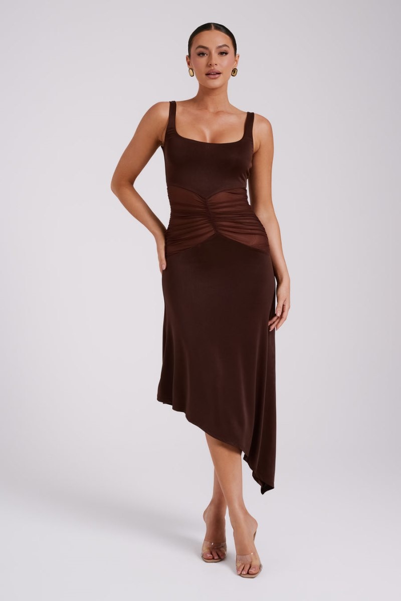 Women's Meshki Kora Mesh Panelled Midi Dress Dark Brown Australia | S4D-4257