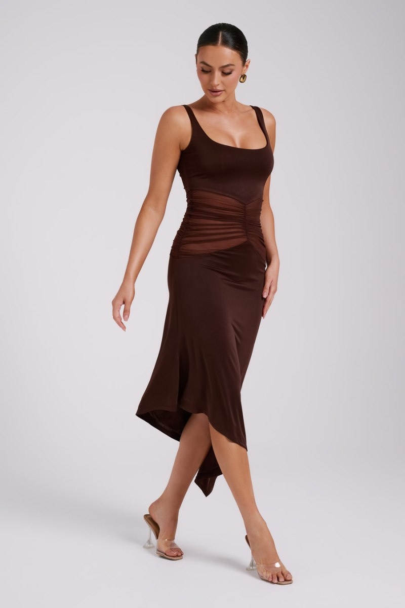 Women's Meshki Kora Mesh Panelled Midi Dress Dark Brown Australia | S4D-4257