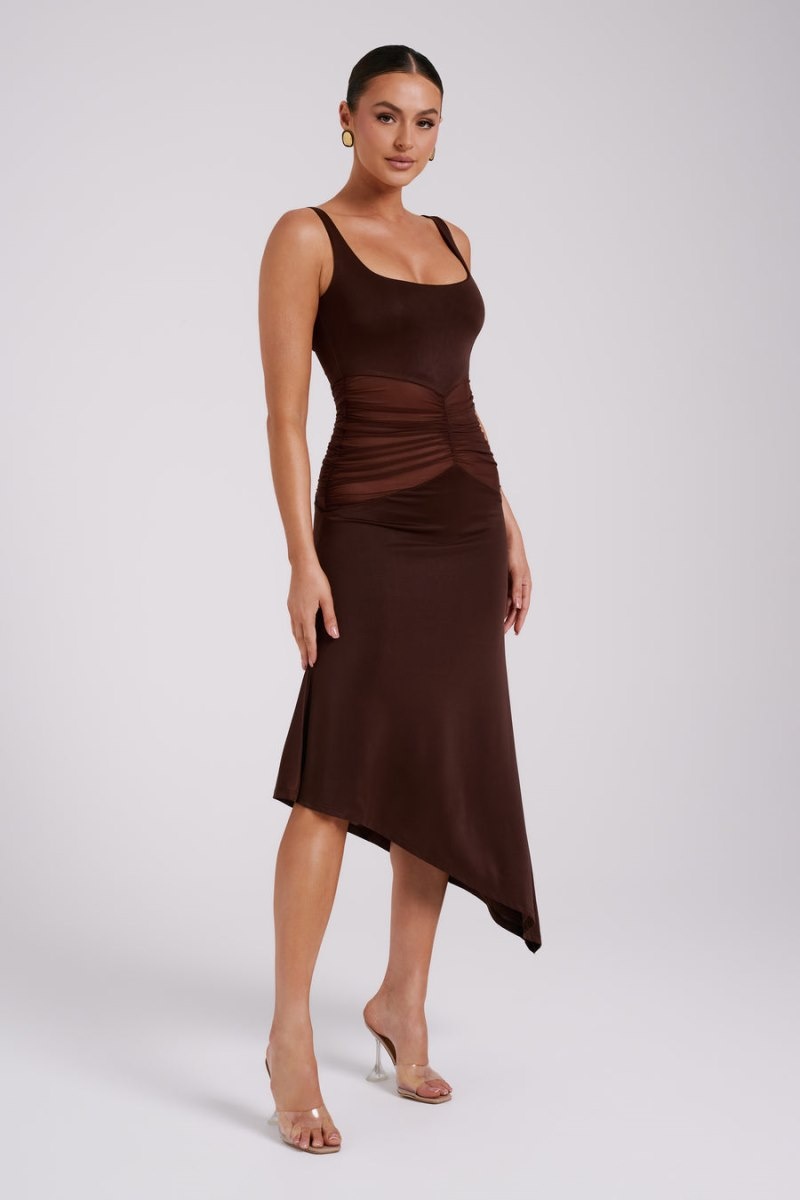 Women's Meshki Kora Mesh Panelled Midi Dress Dark Brown Australia | S4D-4257