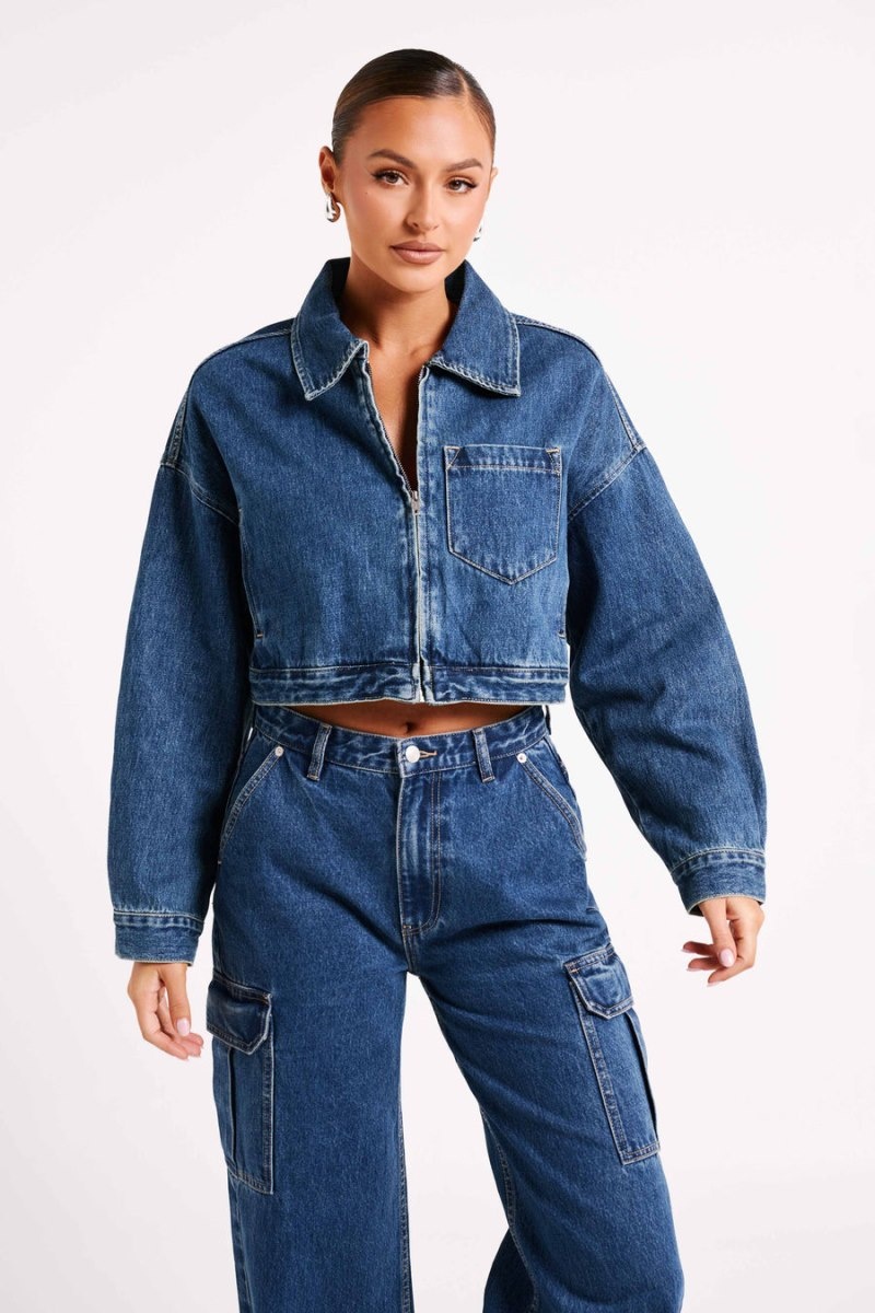 Women's Meshki Kyle Cropped Denim Jackets Dark Blue Australia | Q7B-0279