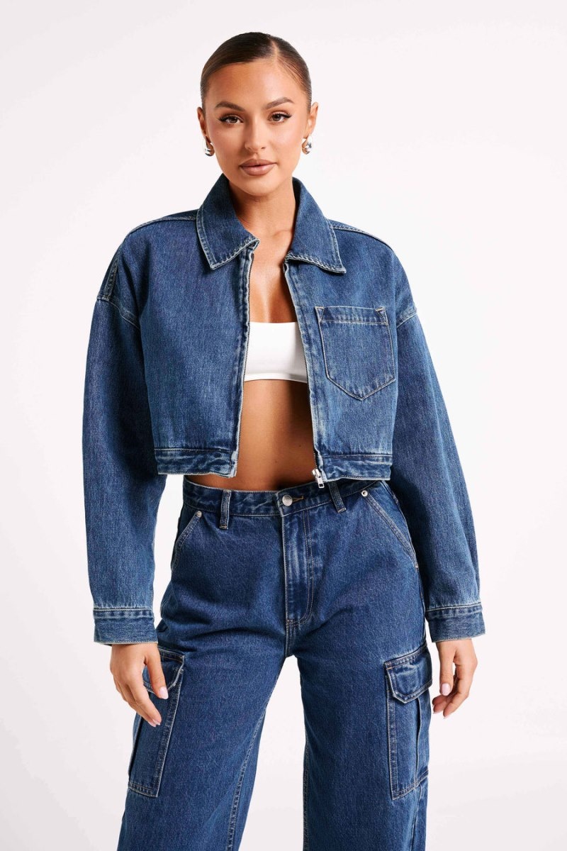 Women's Meshki Kyle Cropped Denim Jackets Dark Blue Australia | Q7B-0279