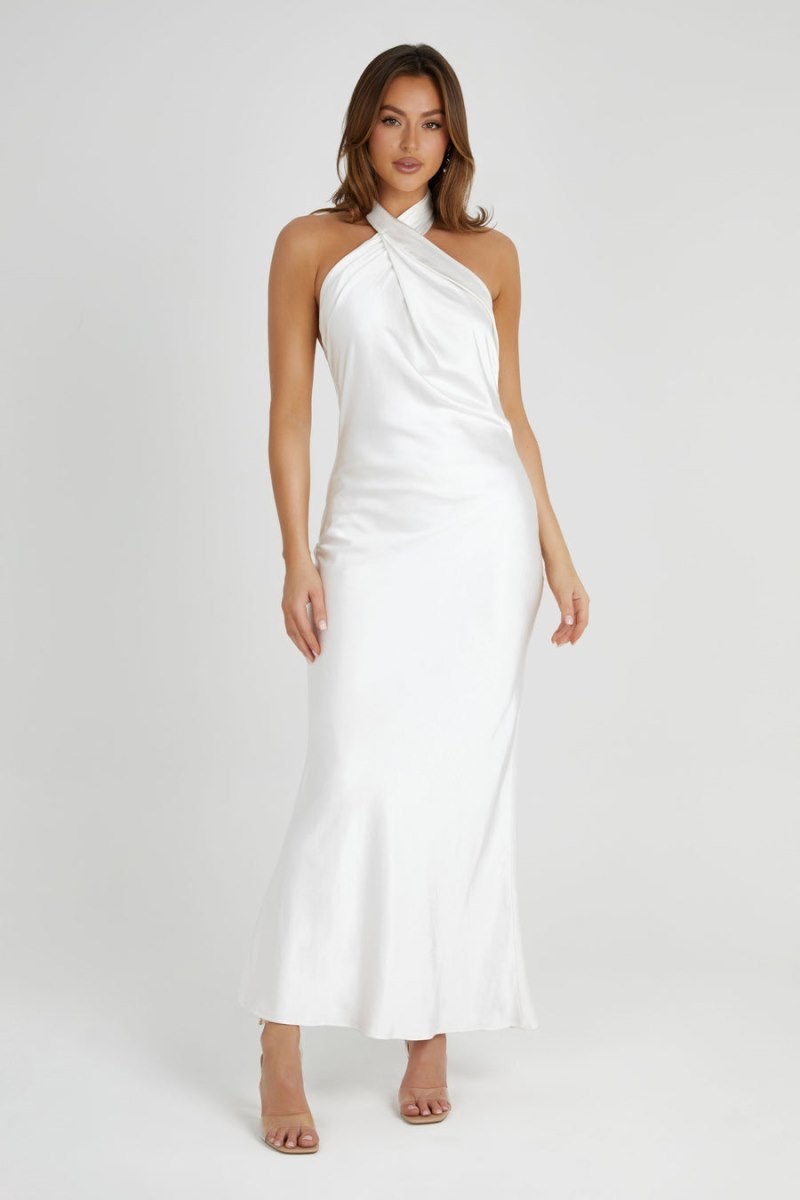 Women's Meshki Laura Halter Satin Gown Wedding Dress White Australia | S3R-9197