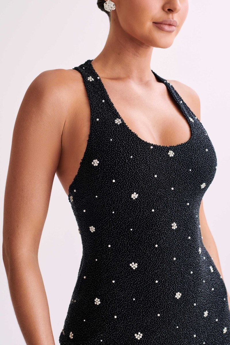 Women's Meshki Laurel Beaded Micro Racerback Mini Dress Black Australia | K2B-7959