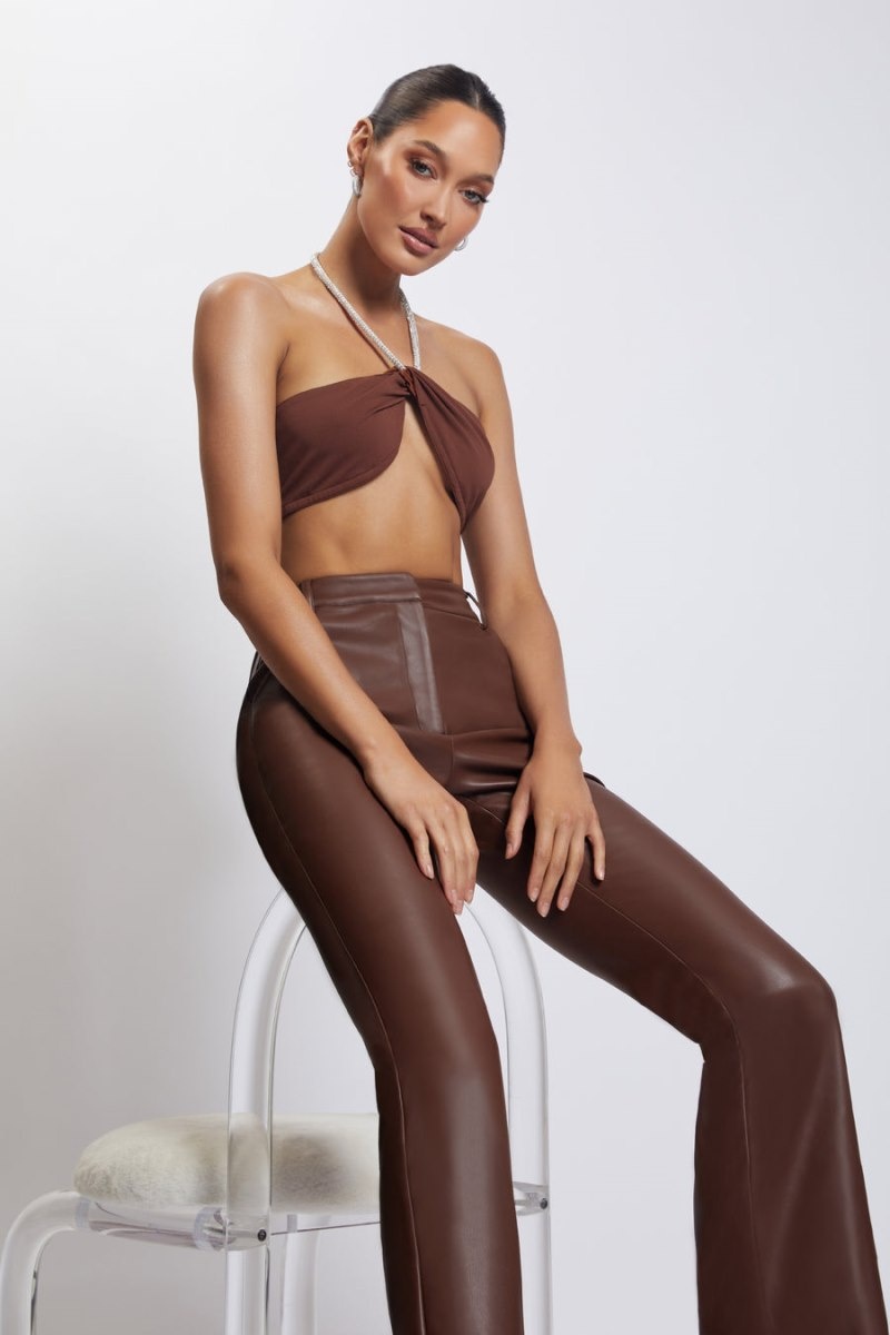 Women's Meshki Lea Diamante Chain Halter Neck Crop Tops Chocolate Australia | C8S-5137