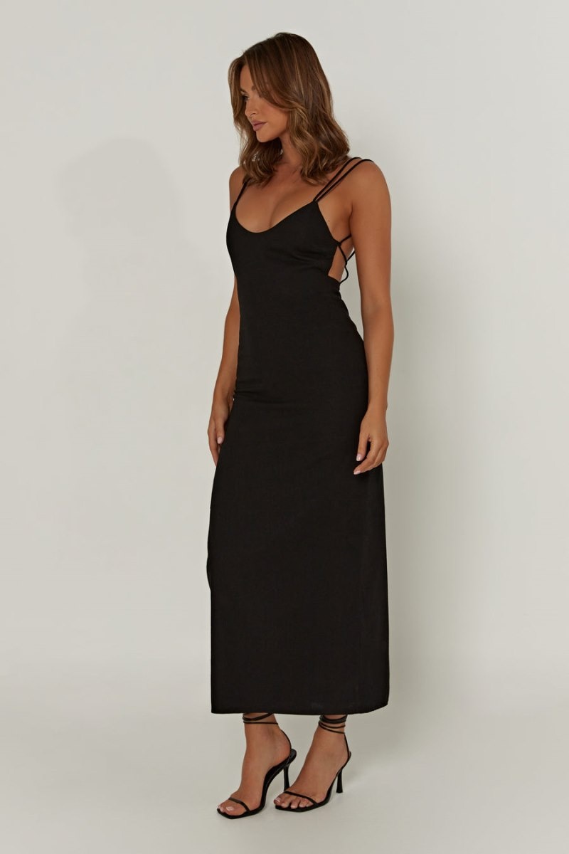 Women's Meshki Leana Linen Backless Midi Dress Black Australia | U3V-8947