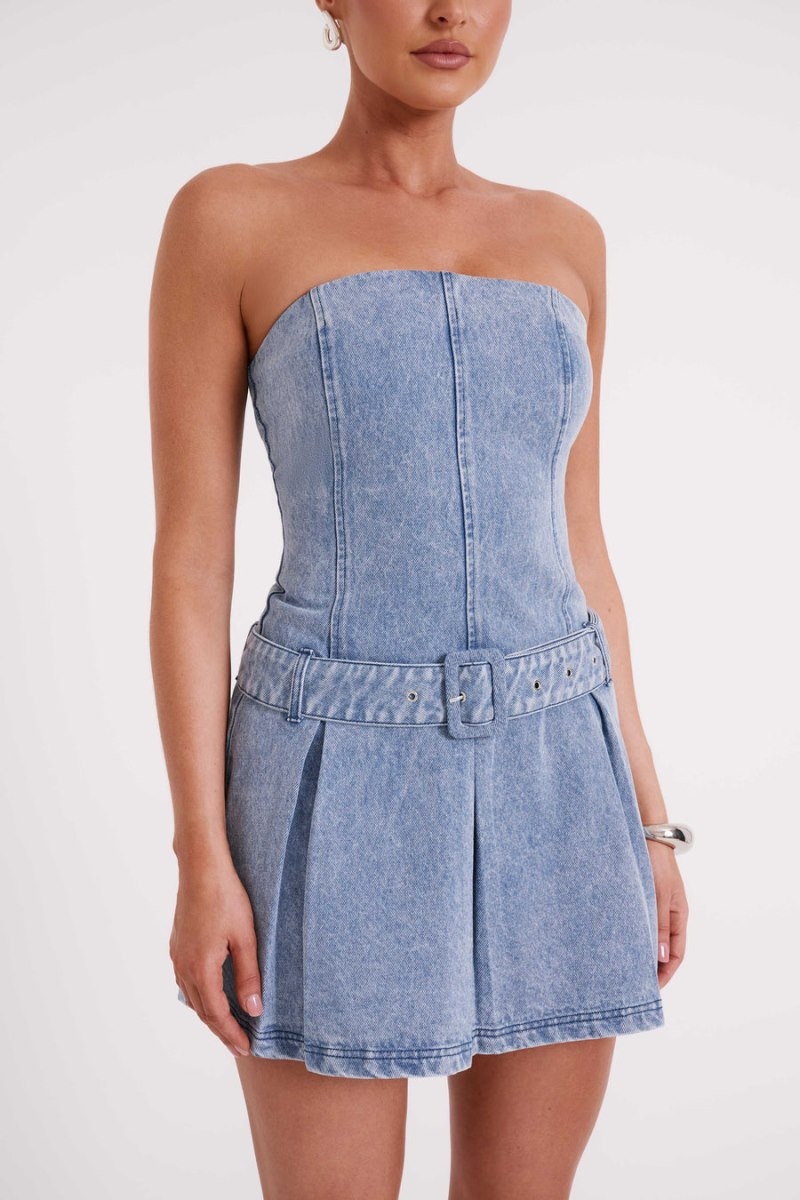 Women's Meshki Lee Denim Pleated Mini Dress Blue Australia | E5L-6816