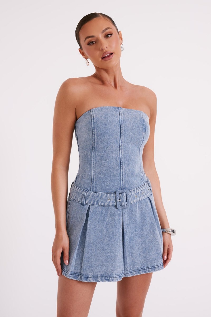 Women's Meshki Lee Denim Pleated Mini Dress Blue Australia | E5L-6816