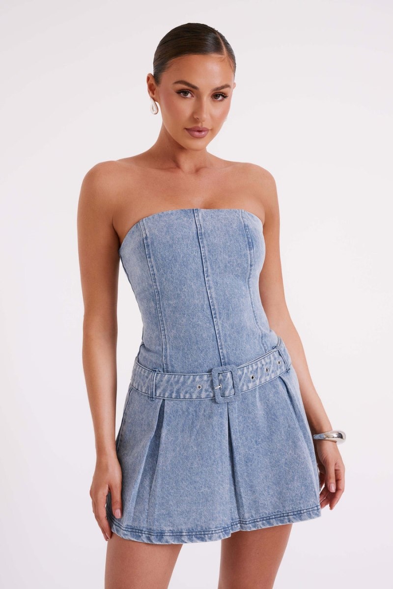 Women's Meshki Lee Denim Pleated Mini Dress Blue Australia | E5L-6816