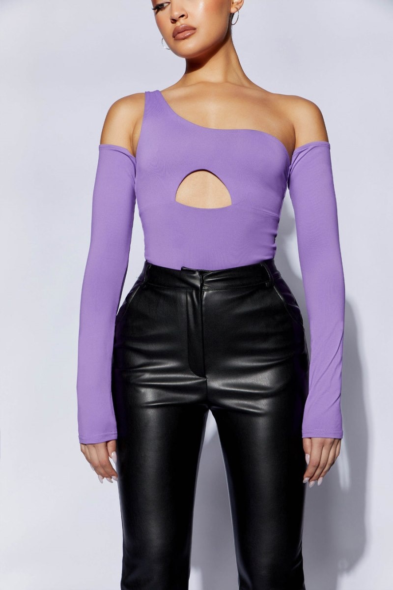 Women's Meshki Lexi One Shoulder Cut Out Bodysuit Purple Australia | M7E-7857