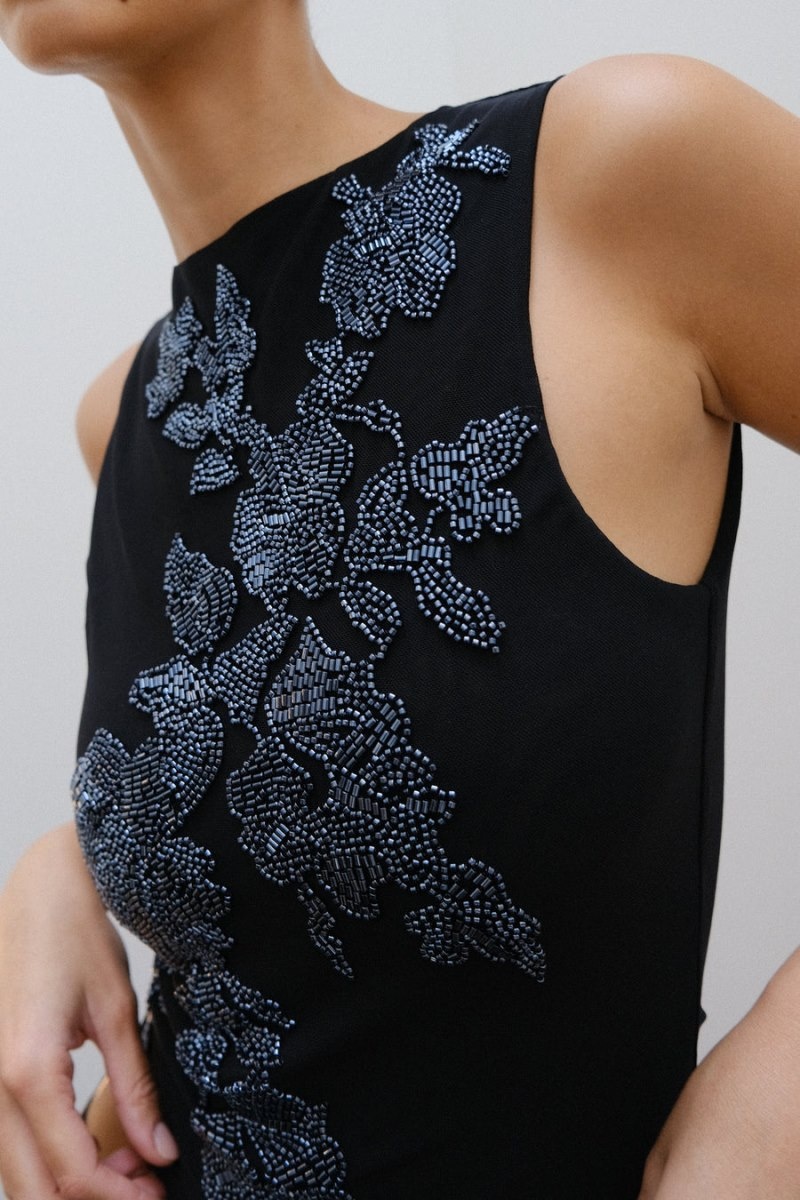 Women's Meshki Luci Beaded Flower Mesh Tops Black Australia | V3E-7281