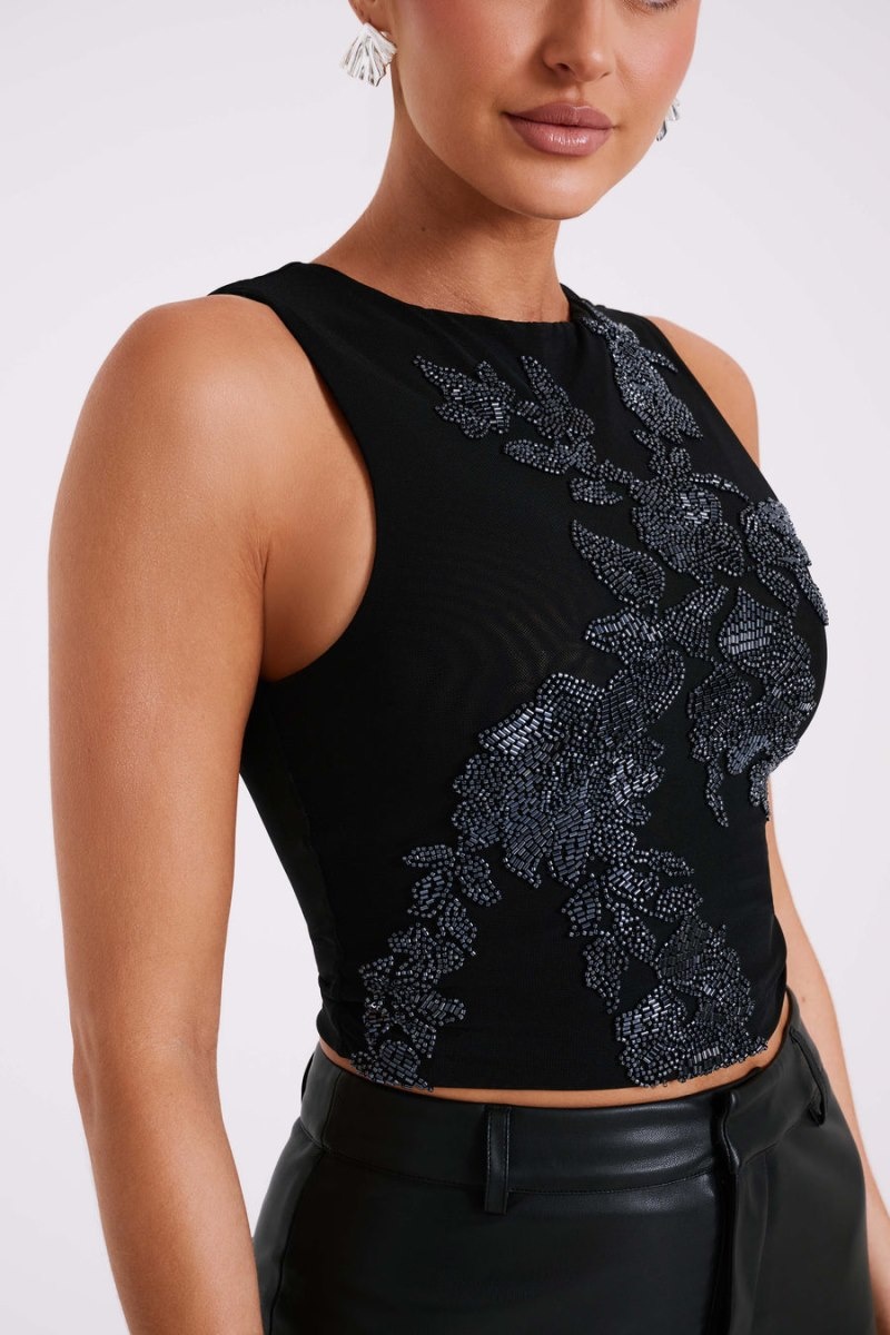 Women's Meshki Luci Beaded Flower Mesh Tops Black Australia | V3E-7281