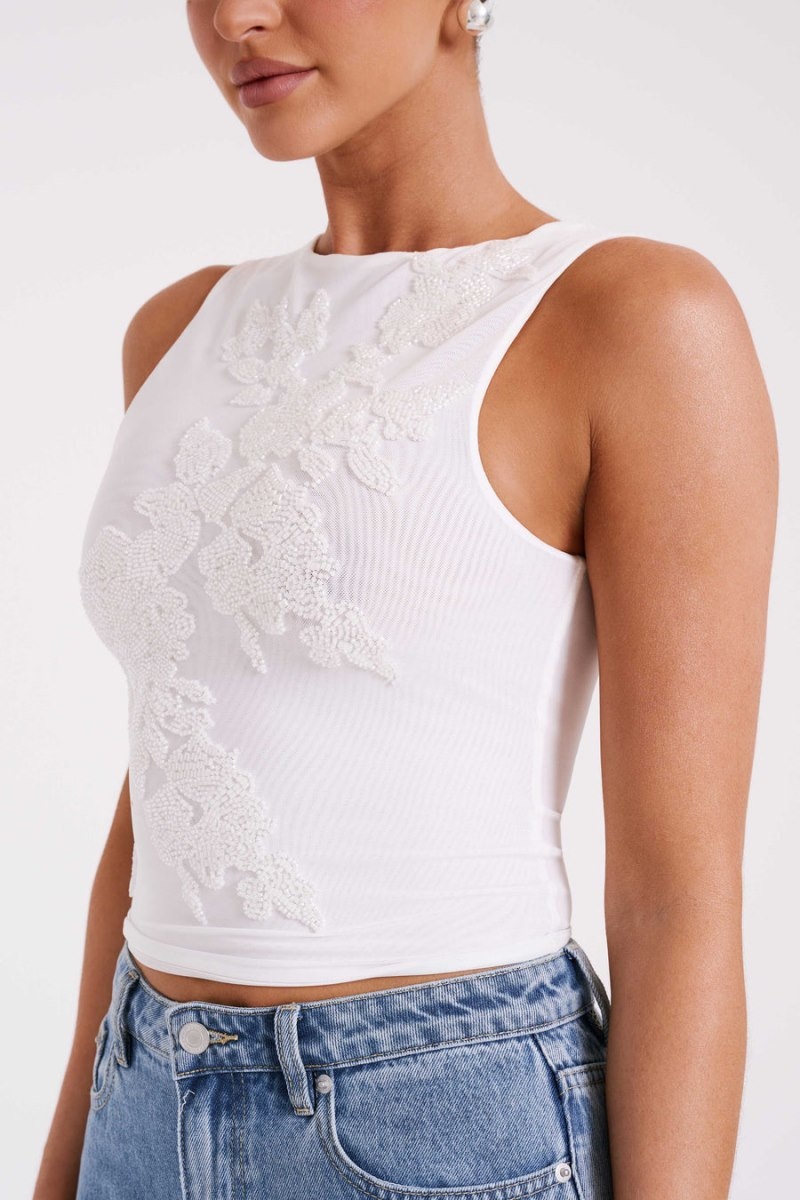 Women's Meshki Luci Beaded Flower Mesh Tops White Australia | L2O-6147