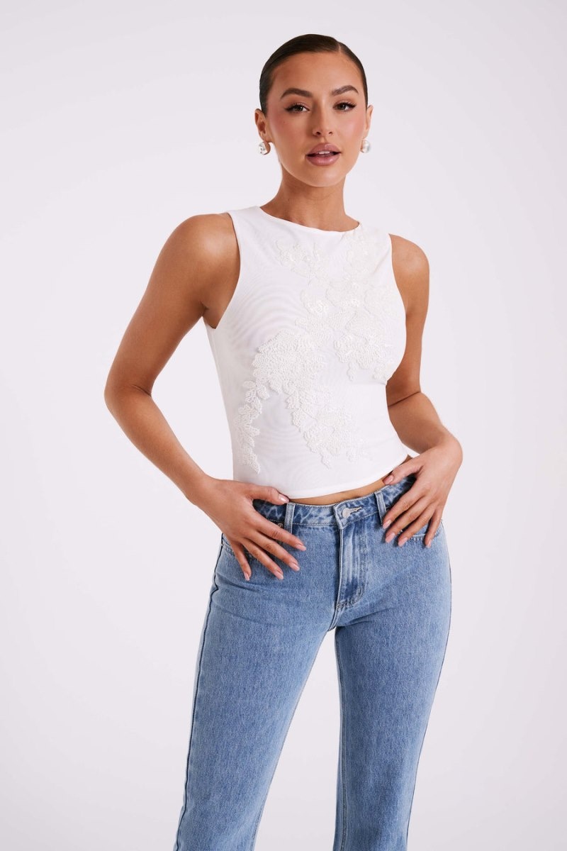 Women's Meshki Luci Beaded Flower Mesh Tops White Australia | L2O-6147