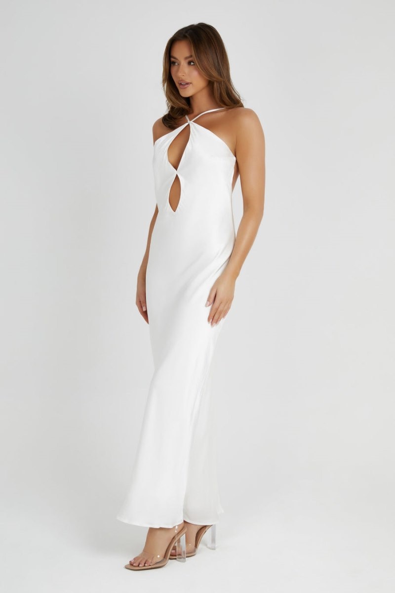 Women's Meshki Lucia Satin Cut Out Maxi Dress White Australia | W1M-4364