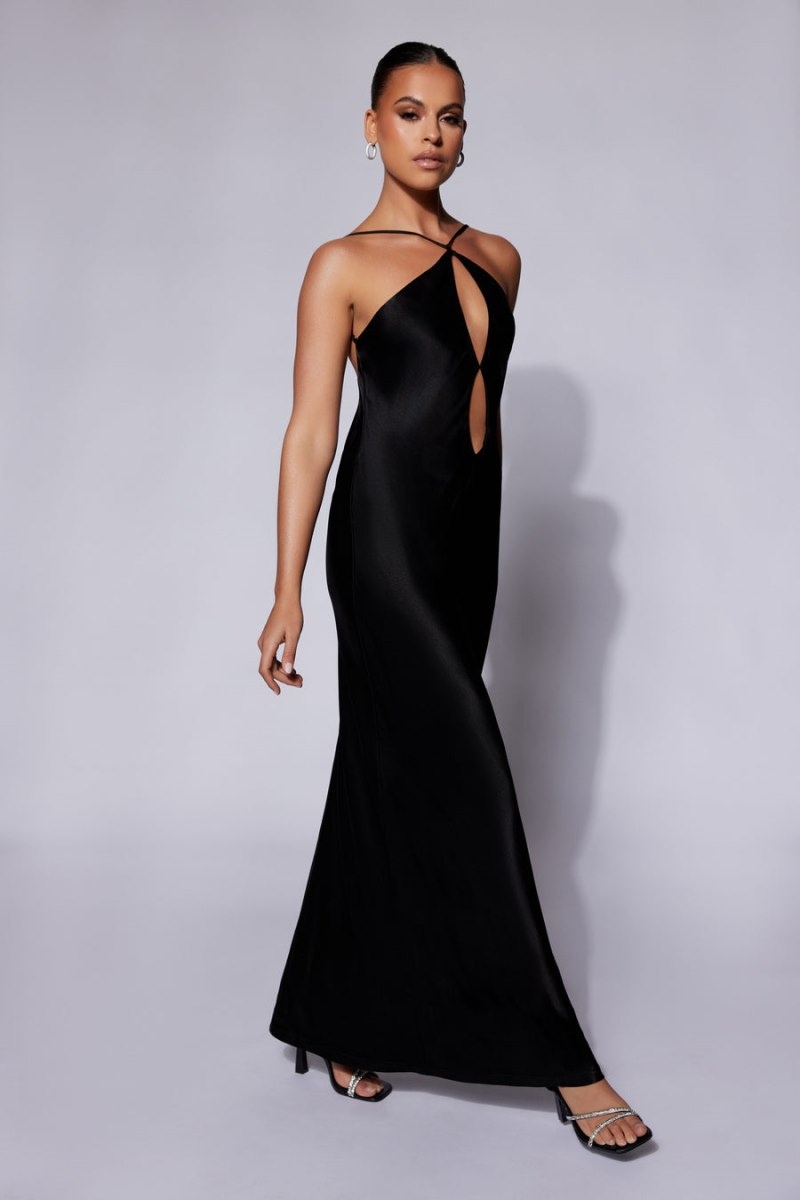 Women's Meshki Lucia Satin Cut Out Maxi Dress Black Australia | T6H-0551