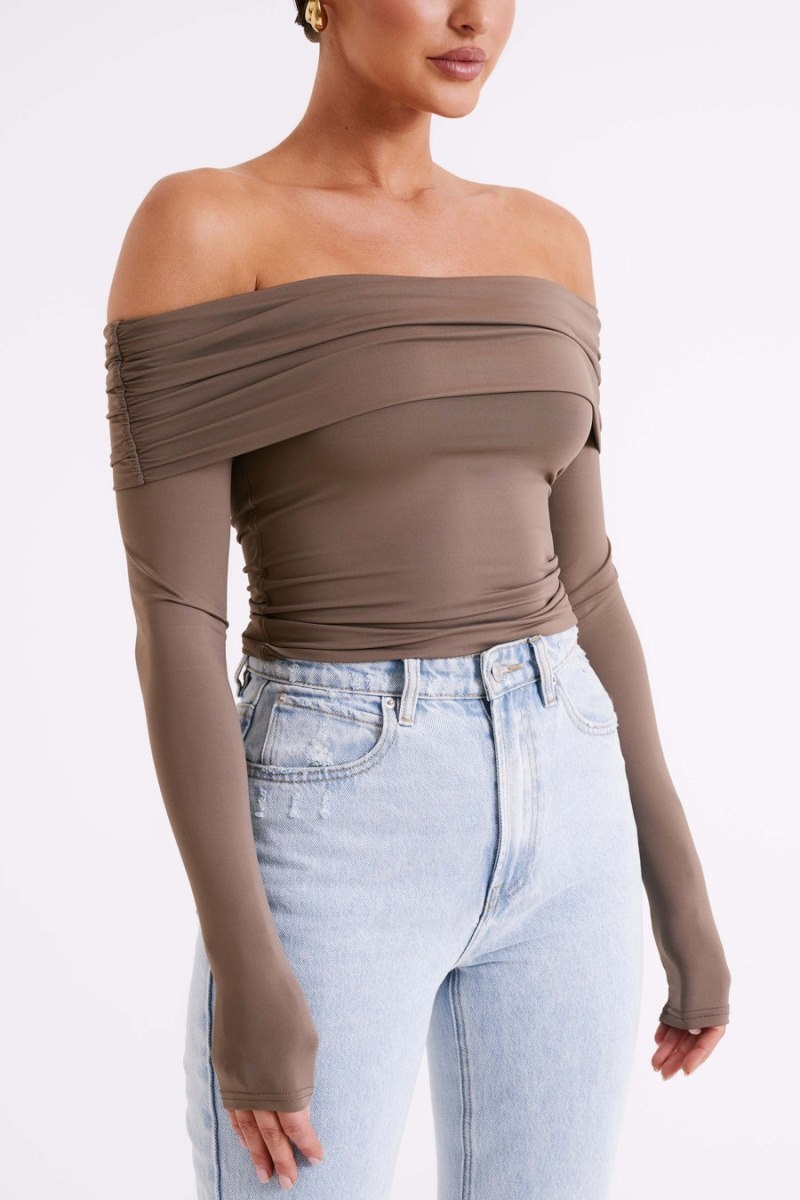 Women's Meshki Lucinda Recycled Nylon Off Shoulder Tops Chocolate Australia | U1R-3046