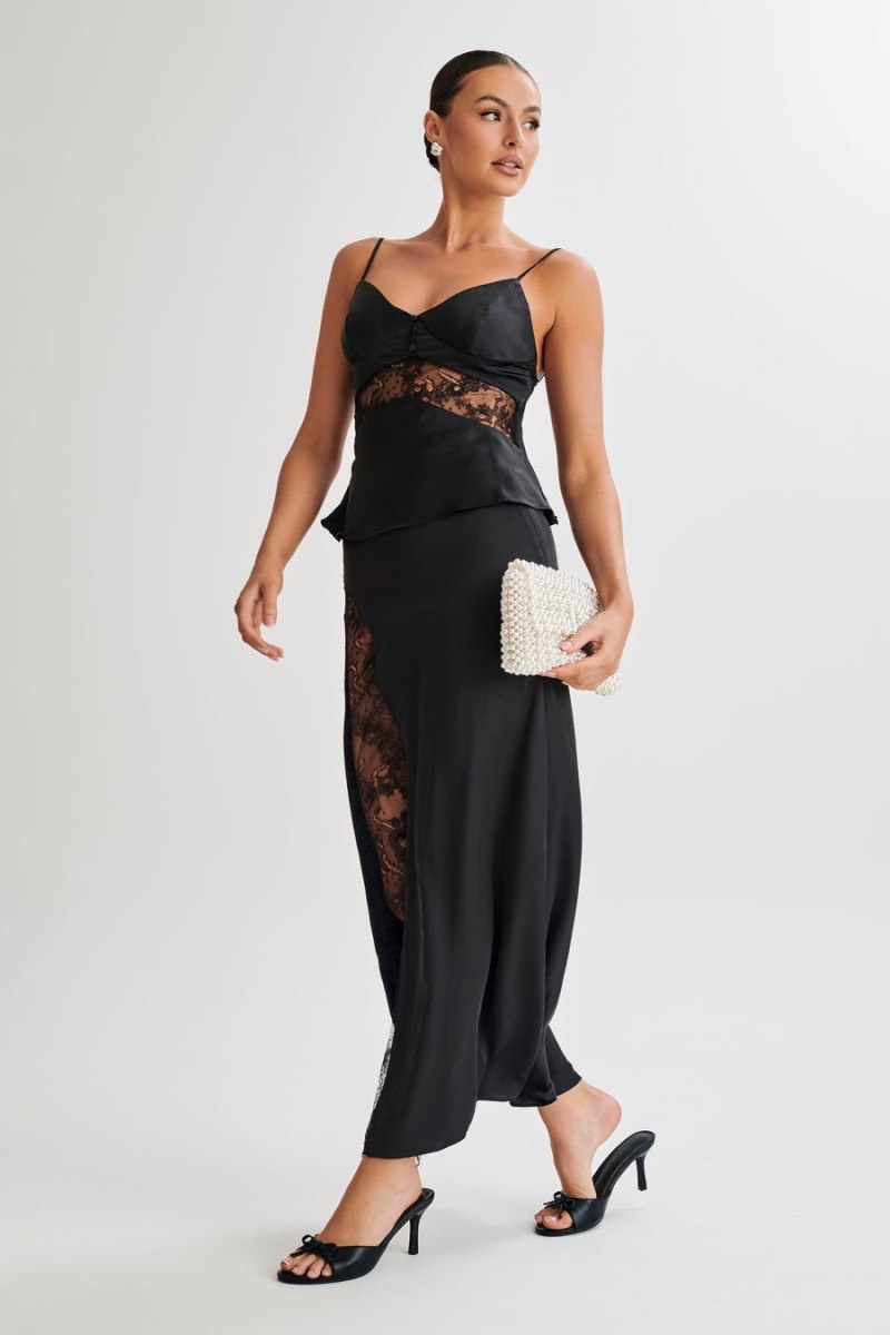 Women's Meshki Luella Satin Lace Maxi Skirts Black Australia | M8Y-3319