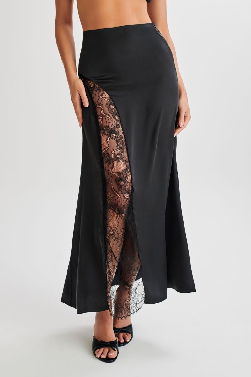 Women\'s Meshki Luella Satin Lace Maxi Skirts Black Australia | M8Y-3319