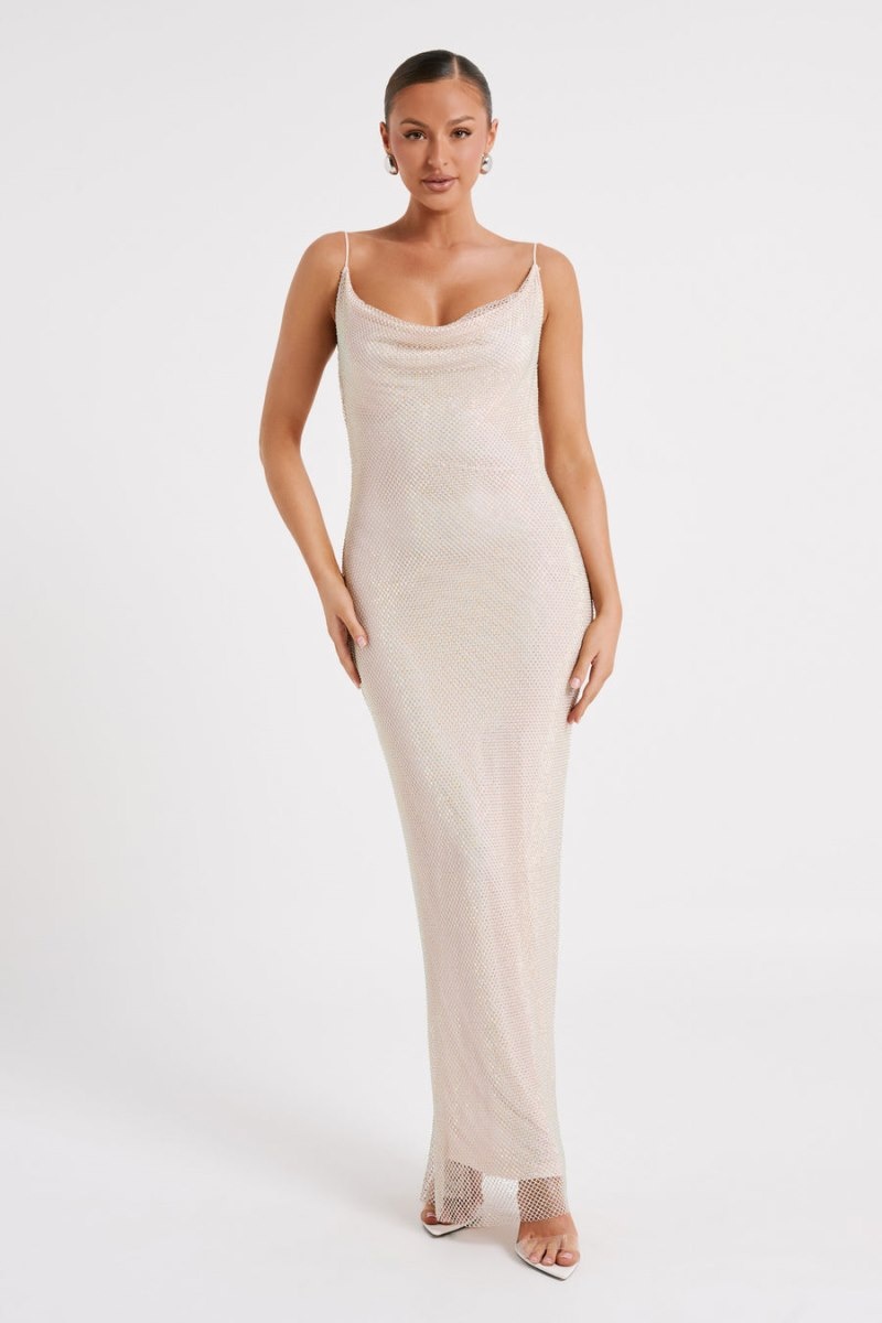 Women's Meshki Madelaine Diamante Mesh Cowl Maxi Dress Cream Australia | V3J-5732