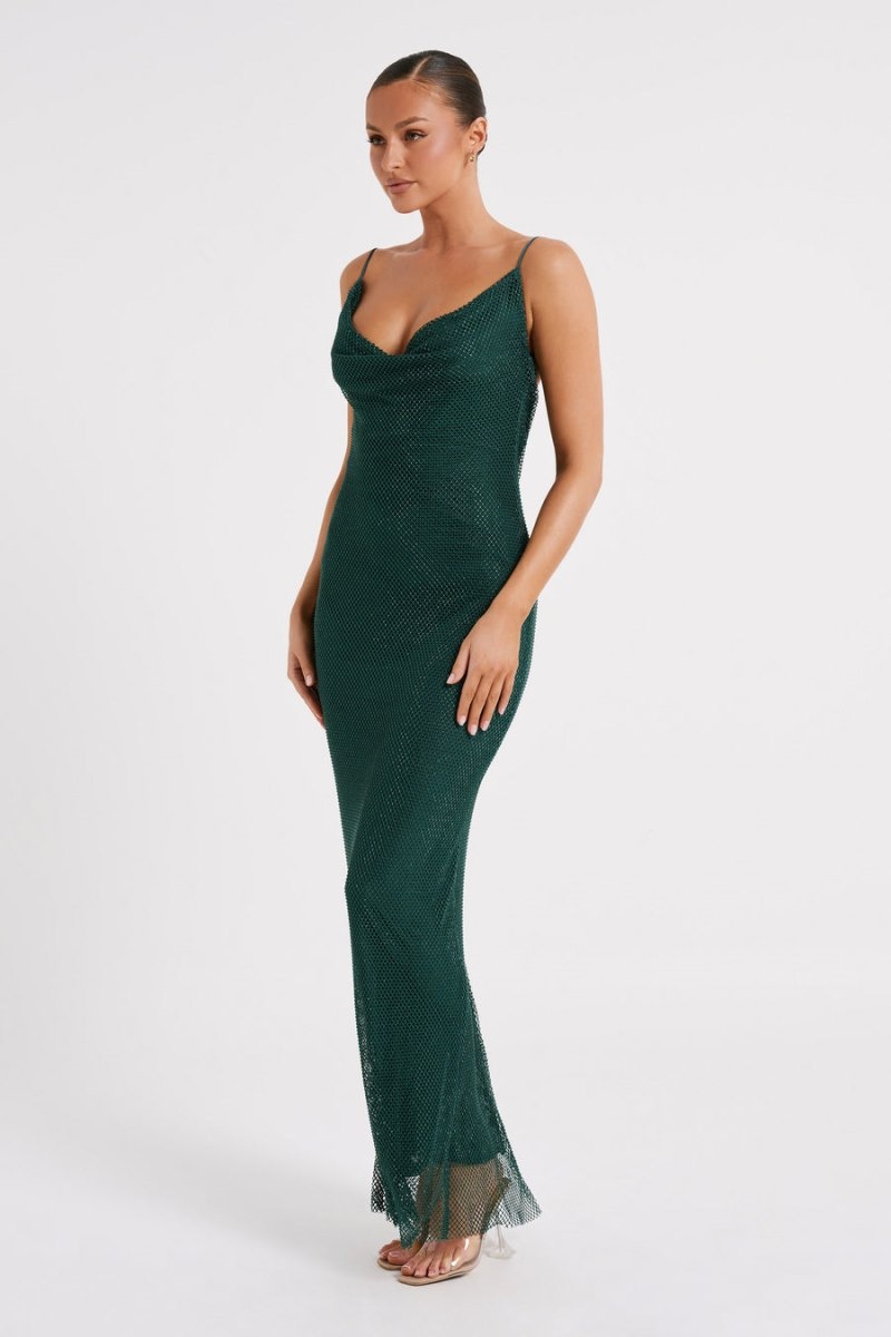 Women's Meshki Madelaine Diamante Mesh Cowl Maxi Dress Green Australia | Y6J-8849