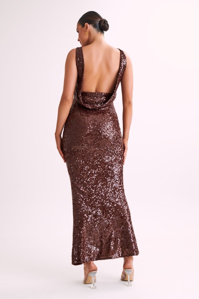 Women's Meshki Madera Backless Sequin Maxi Dress Chocolate Australia | O0A-5231