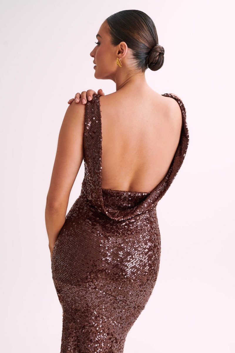 Women's Meshki Madera Backless Sequin Maxi Dress Chocolate Australia | O0A-5231