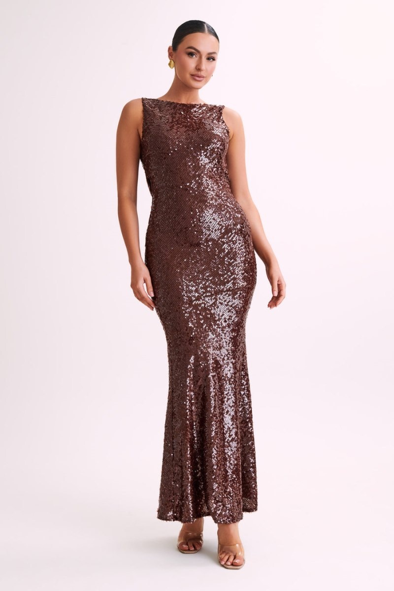 Women's Meshki Madera Backless Sequin Maxi Dress Chocolate Australia | O0A-5231