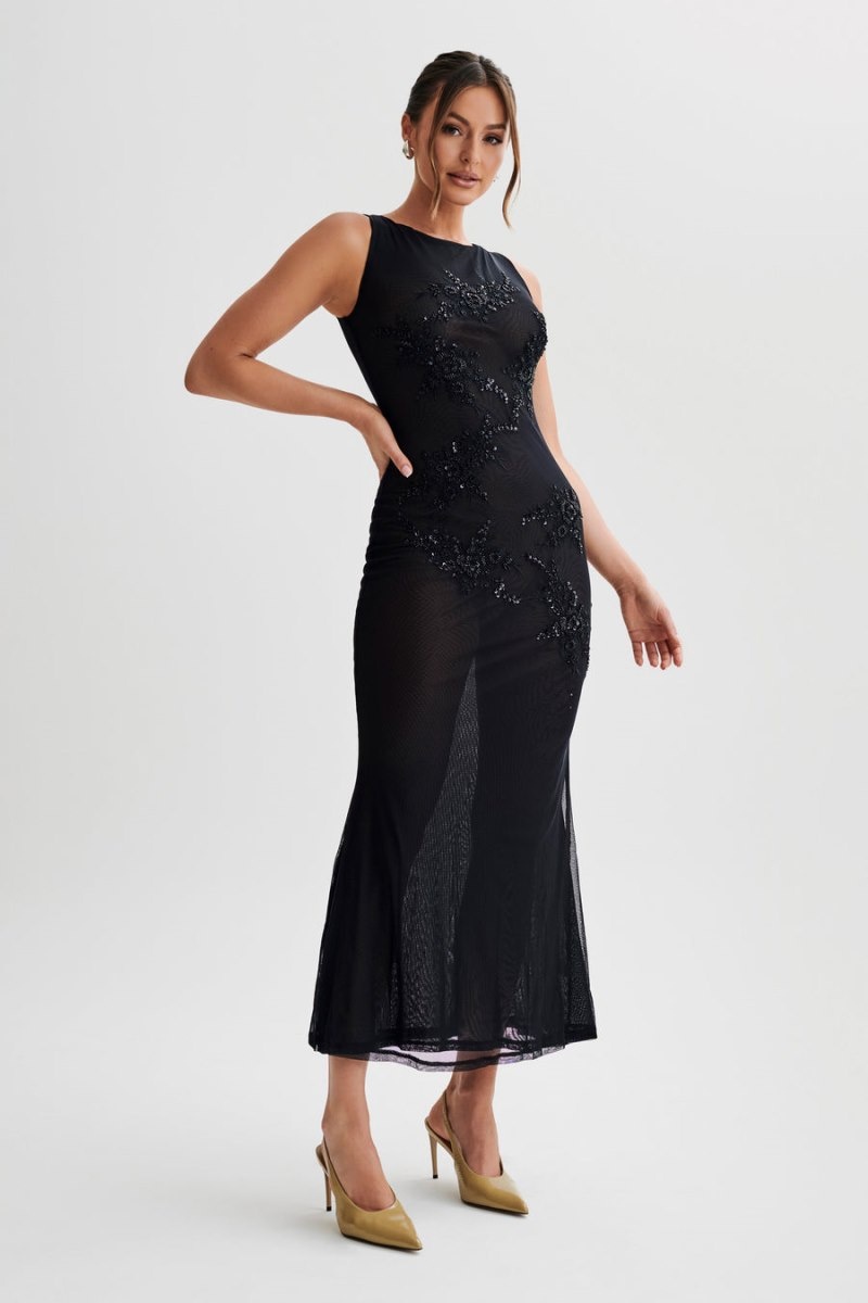 Women's Meshki Maeva Embroidered Mesh Maxi Dress Black Australia | R4J-3538