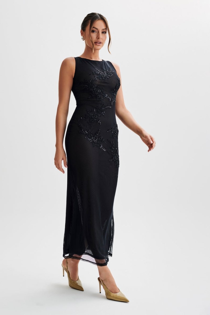 Women's Meshki Maeva Embroidered Mesh Maxi Dress Black Australia | R4J-3538