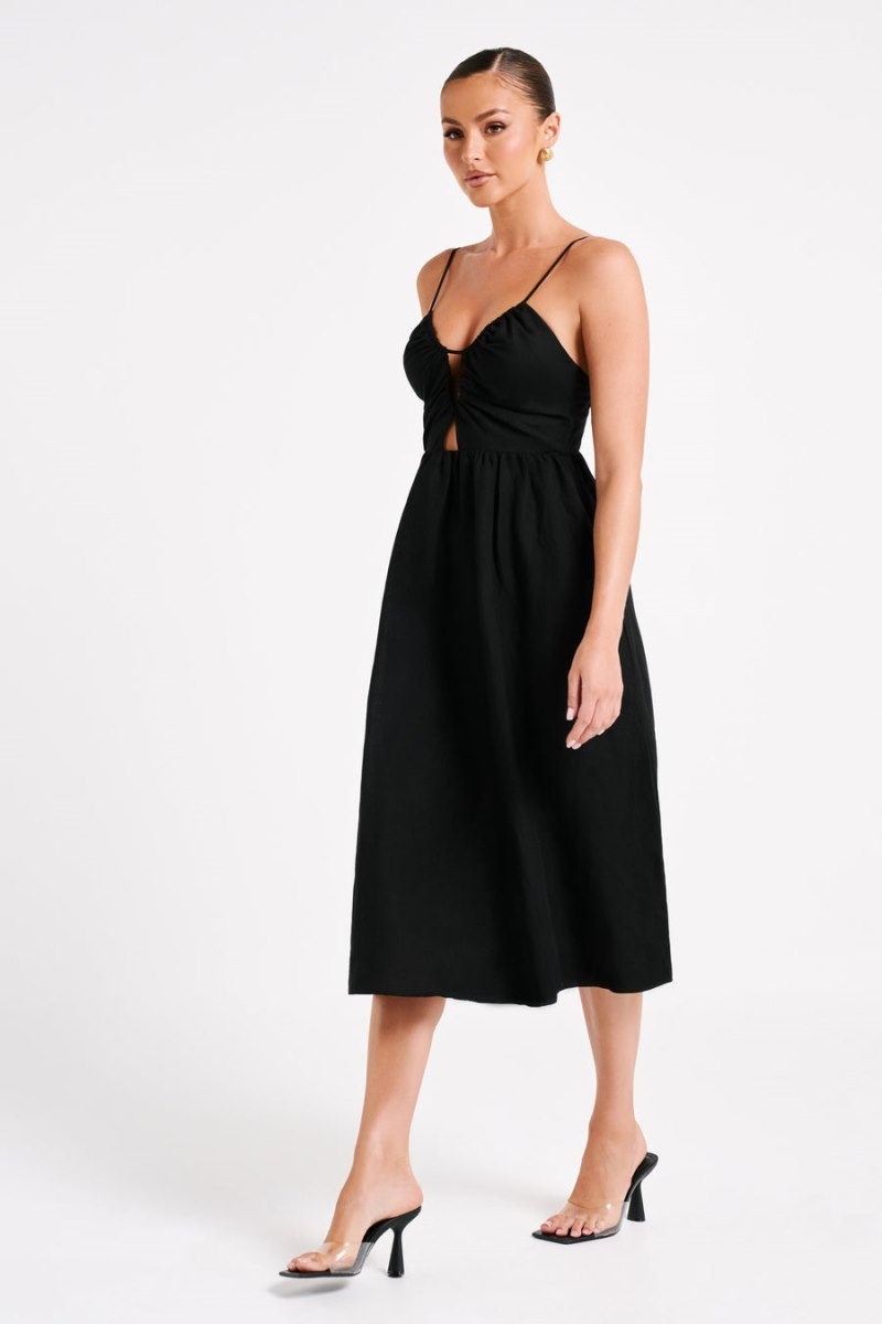 Women's Meshki Magdelena Cut Out Linen Midi Dress Black Australia | K2Z-8395