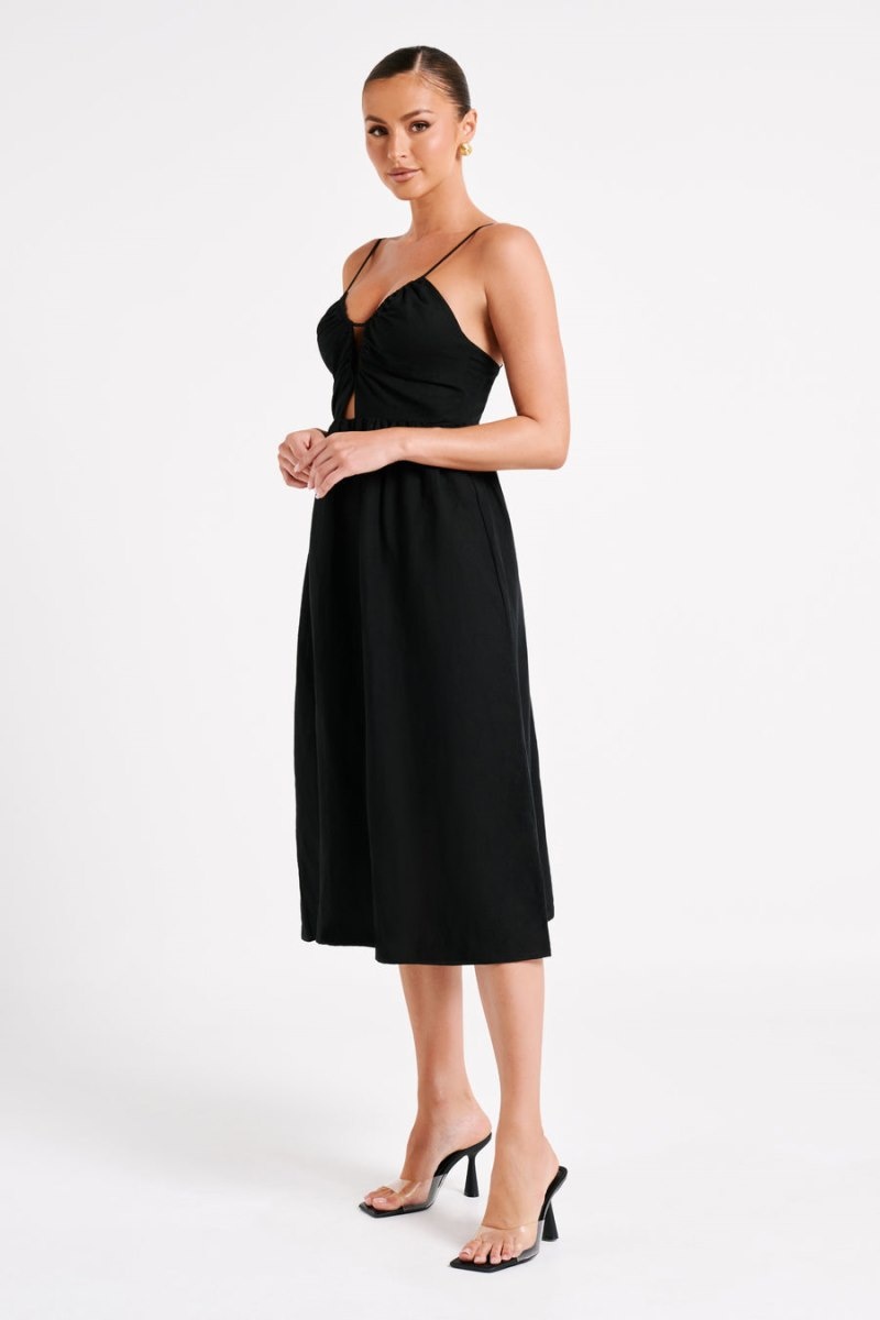 Women's Meshki Magdelena Cut Out Linen Midi Dress Black Australia | K2Z-8395