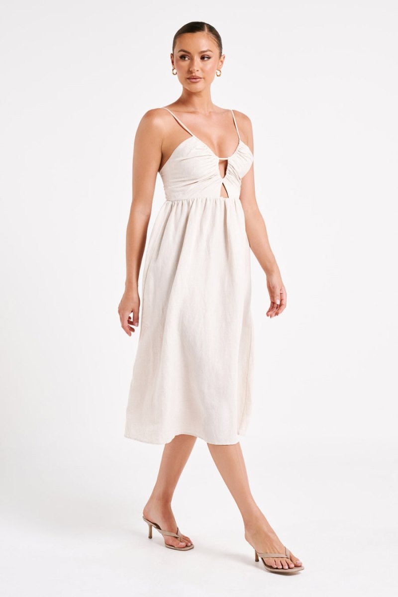 Women's Meshki Magdelena Cut Out Linen Midi Dress White Australia | D8I-6085