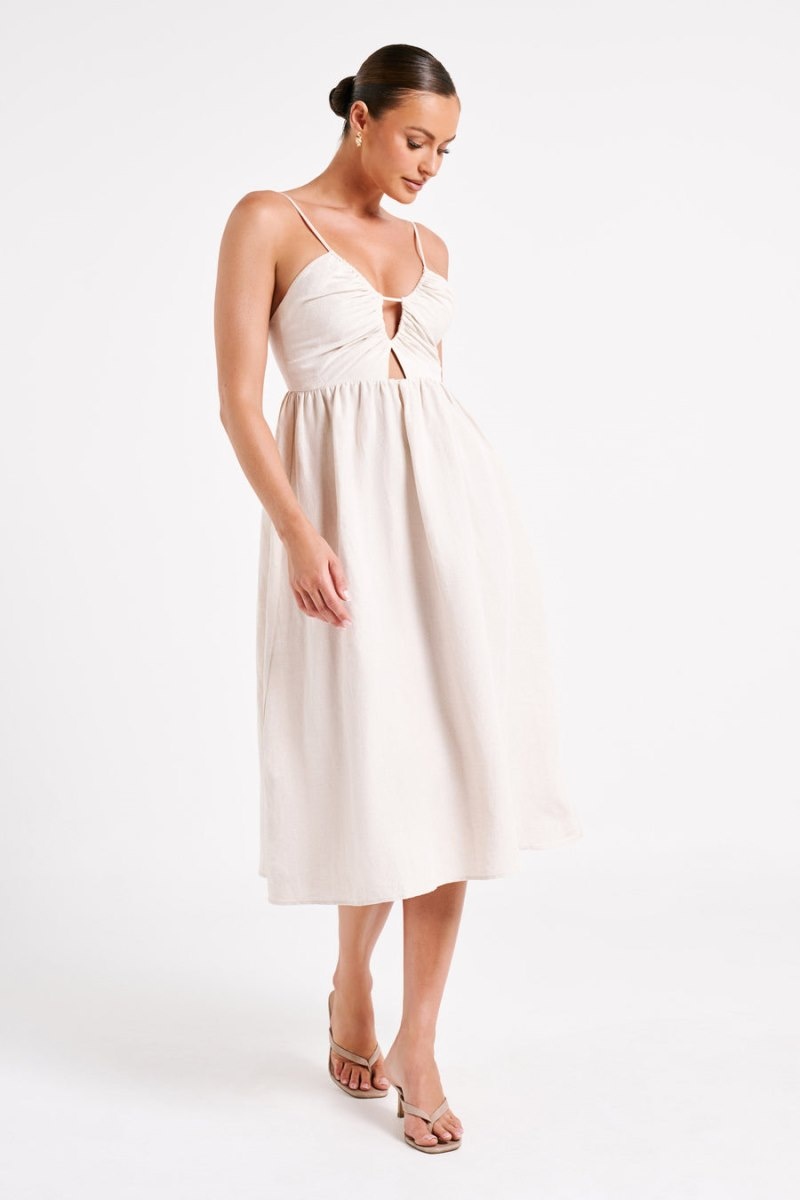 Women's Meshki Magdelena Cut Out Linen Midi Dress White Australia | D8I-6085