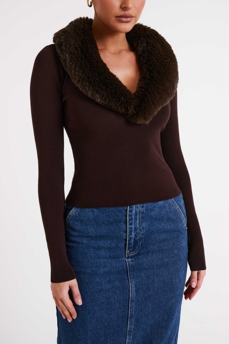 Women's Meshki Maieve Fur Trim Knit Tops Dark Brown Australia | K6T-8225