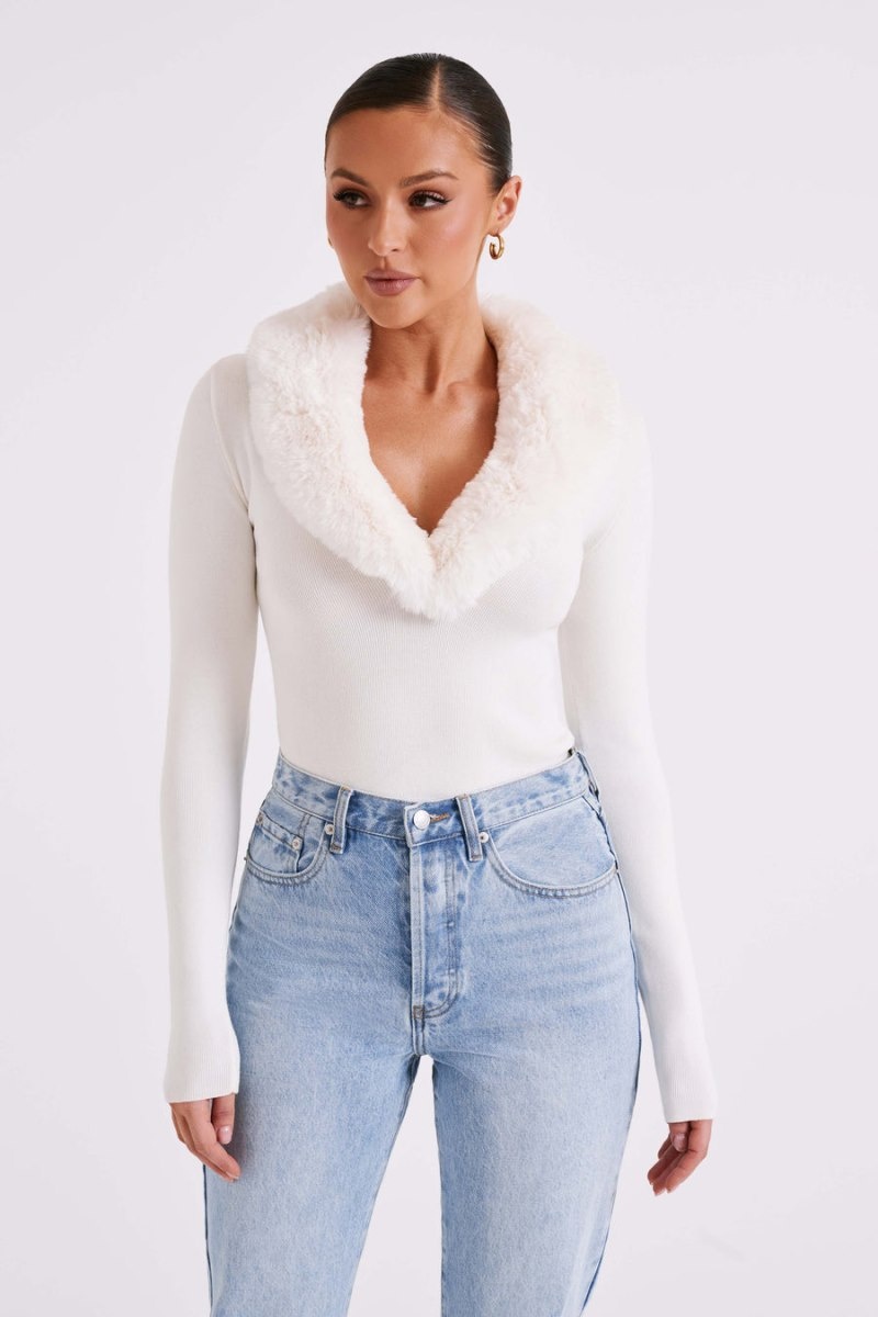 Women's Meshki Maieve Fur Trim Knit Tops White Australia | F2F-3153