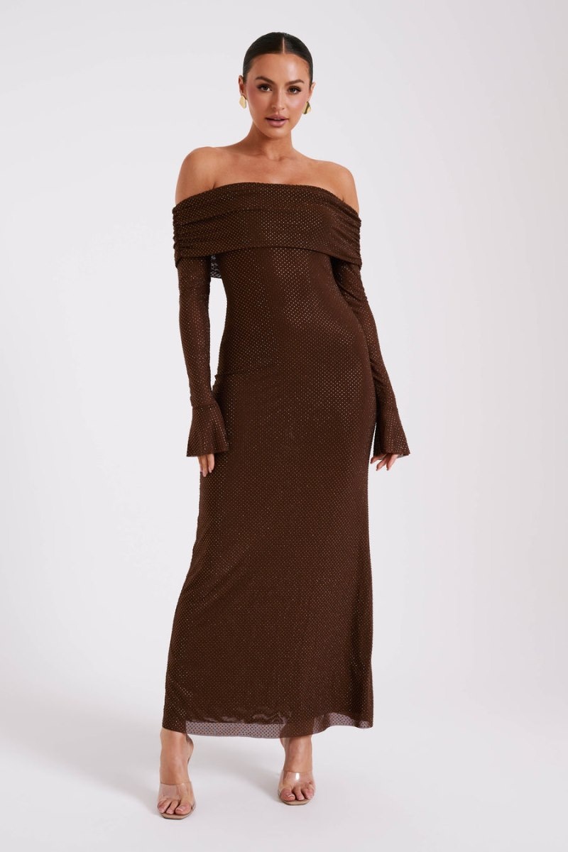 Women's Meshki Marcel Off Shoulder Diamante Maxi Dress Chocolate Australia | E8Z-7389