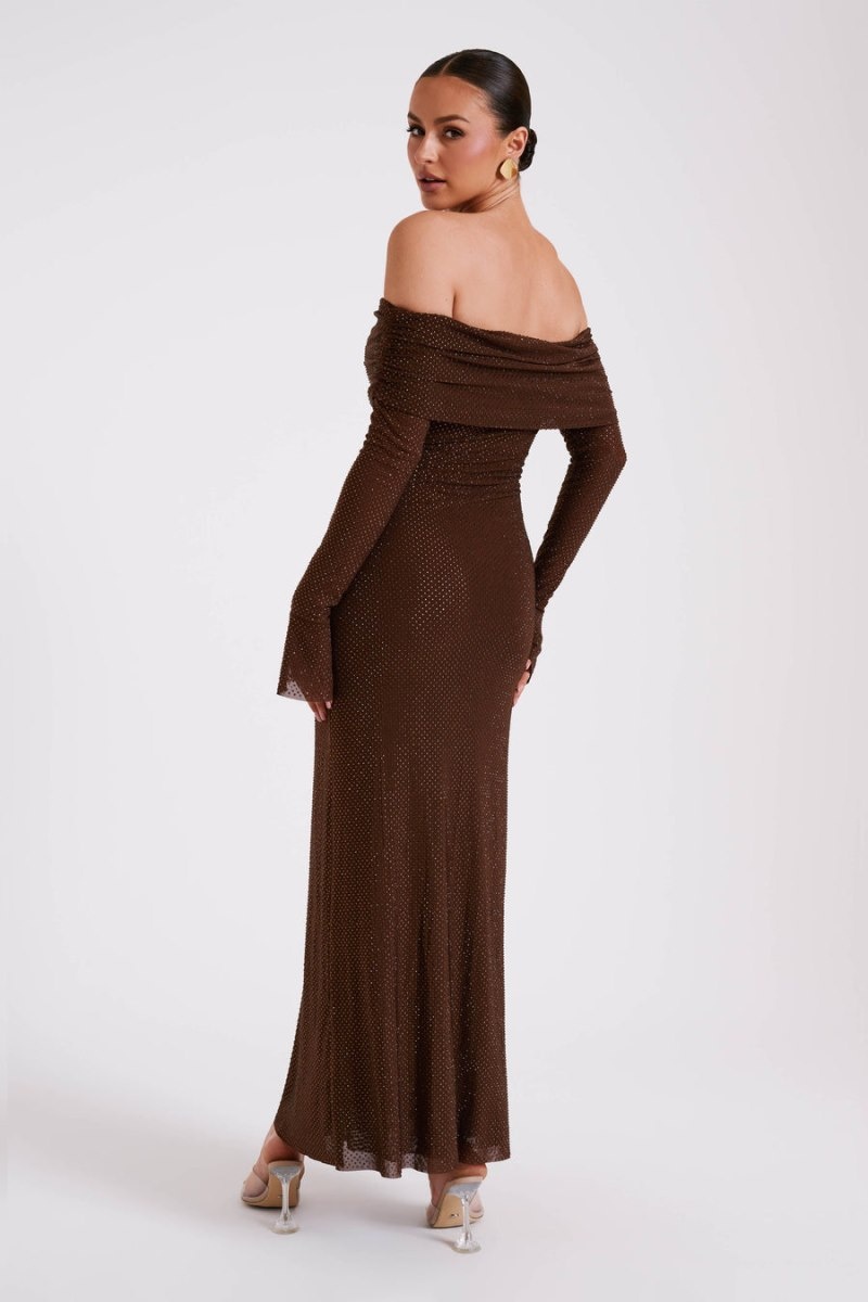 Women's Meshki Marcel Off Shoulder Diamante Maxi Dress Chocolate Australia | E8Z-7389