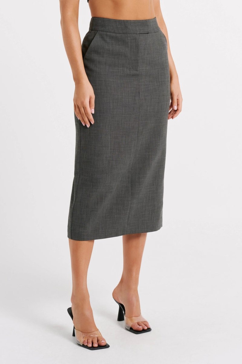 Women's Meshki Marcie Textured Suiting Midi Skirts Deep Grey Australia | J7N-8674