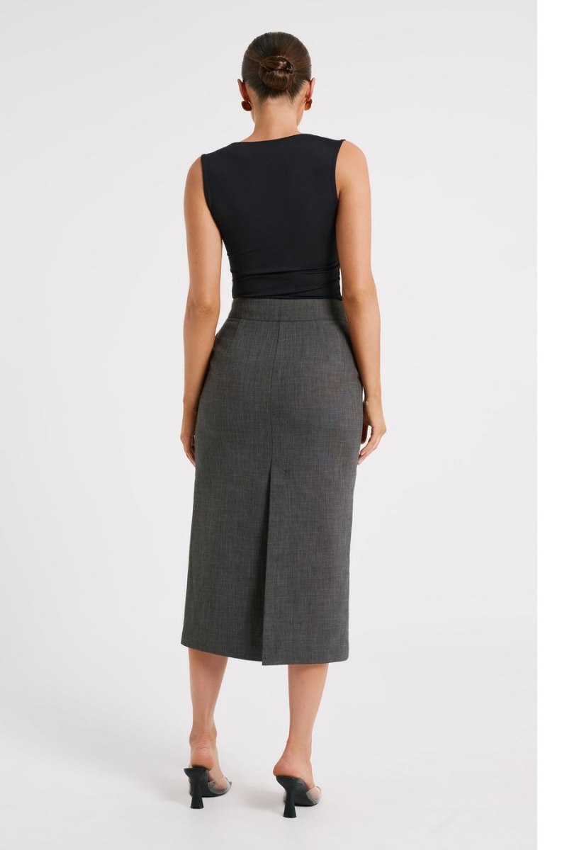 Women's Meshki Marcie Textured Suiting Midi Skirts Deep Grey Australia | J7N-8674