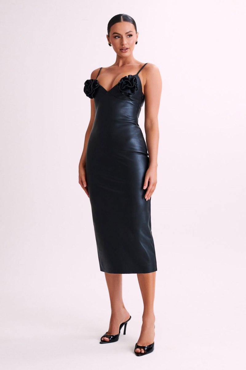 Women's Meshki Mariam Faux Leather Rose Midi Dress Black Australia | F7O-8729