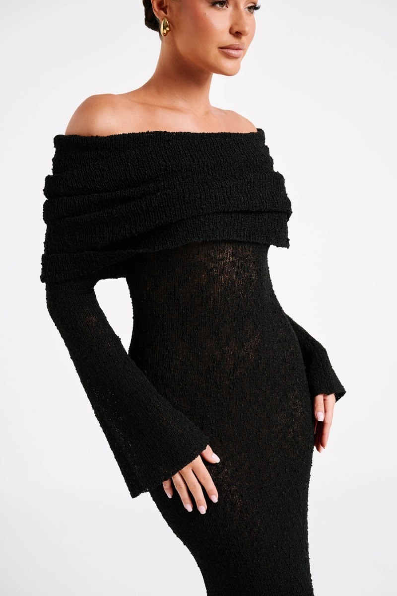 Women's Meshki Marisol Off Shoulder Boucle Maxi Dress Black Australia | S5Q-4592