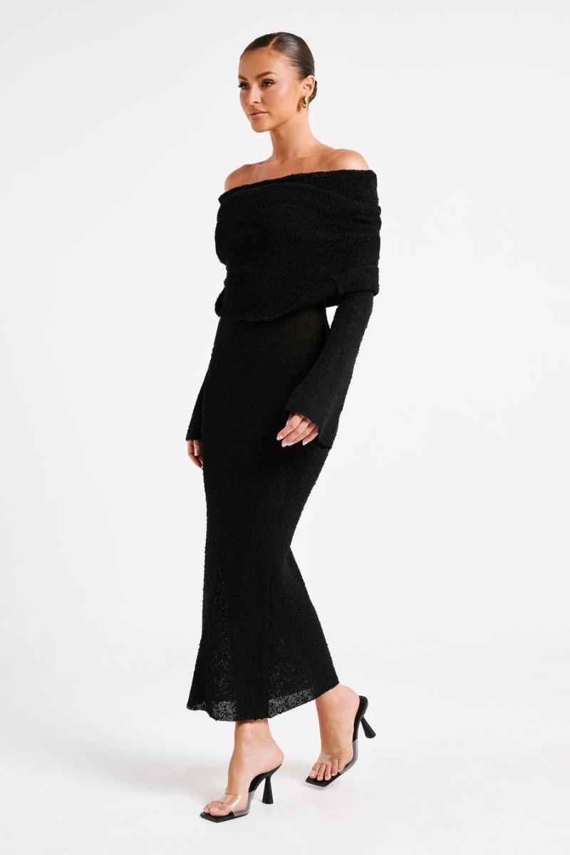 Women's Meshki Marisol Off Shoulder Boucle Maxi Dress Black Australia | S5Q-4592