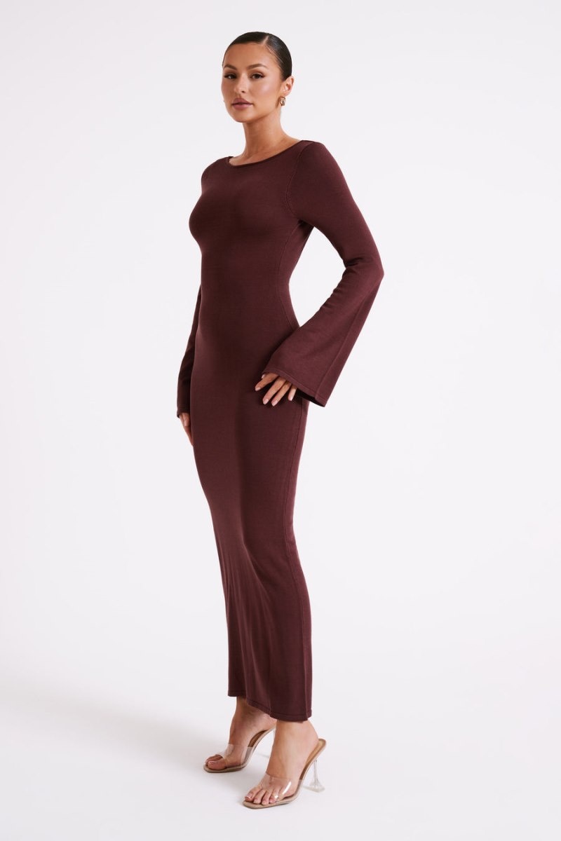 Women's Meshki Marleigh Flare Sleeve Knit Maxi Dress Dark Chocolate Australia | L6J-9347