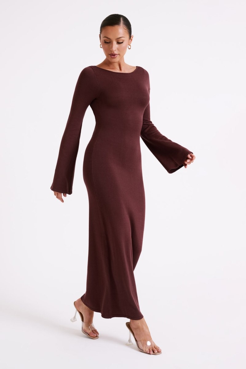 Women's Meshki Marleigh Flare Sleeve Knit Maxi Dress Dark Chocolate Australia | L6J-9347