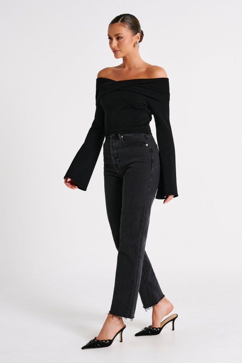 Women's Meshki Marlisa Off Shoulder Twist Tops Black Australia | N4I-8687